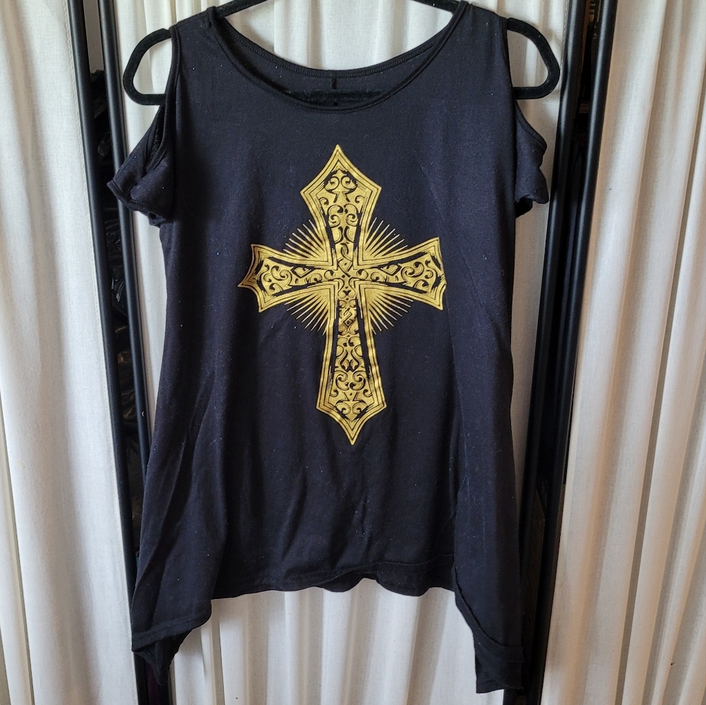 Women's size medium black cold shoulder style tunic top w/ gold cross - Picture 1 of 5